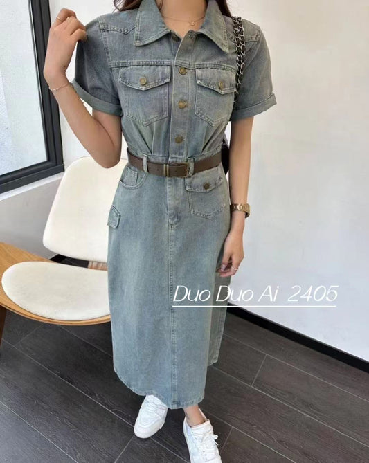 Vintage Belted Denim Maxi Dress