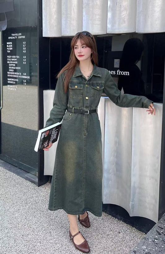 Vintage Belted Denim Maxi Dress