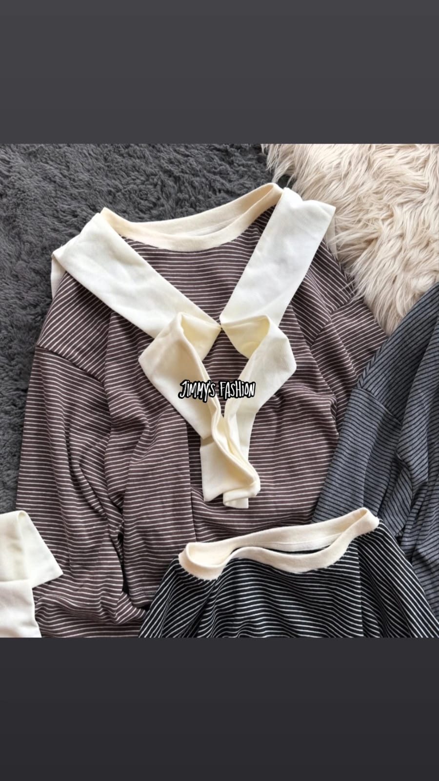 Striped T-Shirt with Contrast Ruffle Scarf