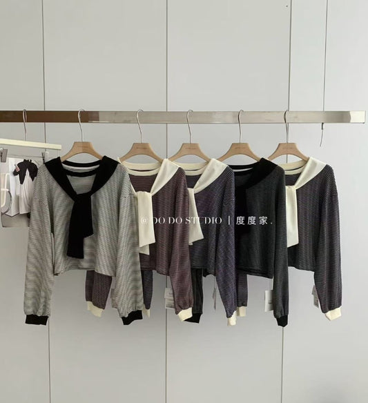 Striped T-Shirt with Contrast Ruffle Scarf